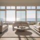 A pristine, sunlit living room with a view of Santa Cruz, representing the benefits of professional house cleaning services.