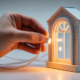 Hand placing a miniature LED into a glowing dollhouse window