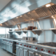 Commercial kitchen with fire suppression system for fire safety and protection.