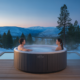 Couple relaxing in an outdoor hot tub on a Big Bear cabin deck with snowy mountain views.