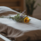 Linen-shrouded natural burial on an untreated wooden bier with native California wildflowers on a clean neutral background