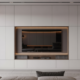 Photorealistic image of a modern luxury media wall with built-in TV and ambient lighting in a minimalist living room setting