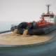 Photorealistic image of a modern sand dredge machine in operation on a water body pumping sand slurry through pipelines