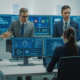 Cybersecurity consulting team collaborating with digital security data in a modern office setting