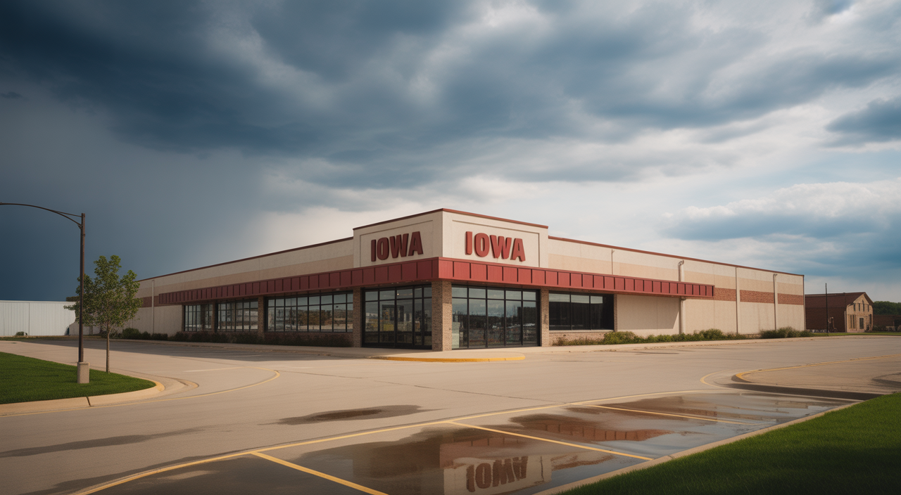 Hero image showing an Iowa commercial property with changing weather symbolizing property and casualty insurance protection