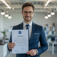 Business owner holding BIS certification document symbolizing successful BIS online application with modern office setting