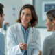 Photorealistic image of a fertility specialist with a couple in a modern clinic setting, symbolizing expert fertility care and trust