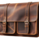 Close-up hero image of a rich brown vintage leather messenger bag with natural patina and metal buckles on a white background