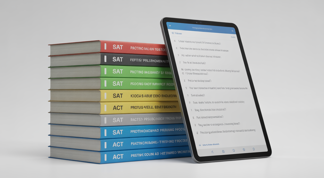 Student comparing SAT and ACT exam options while studying with books and a laptop