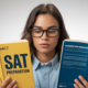 Photorealistic image of a student comparing SAT and ACT test prep books on a clean white background